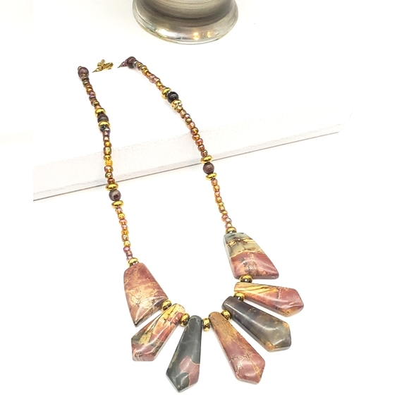 Handmade Jewelry - Handmade Red Creek Jasper Stone Bib Style Necklace Iridescent Glass Seed Beads